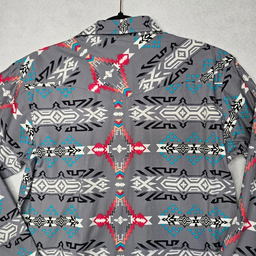 Rock & Roll Cowboy Boys XL Grey Aztec Western Snap Long Sleeve Shirt B8S2315